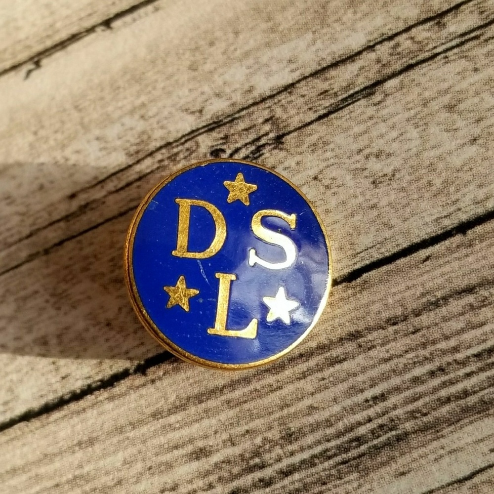Vintage lapel pin D.S.L. blue enamel gold tone brooch DSL lapel